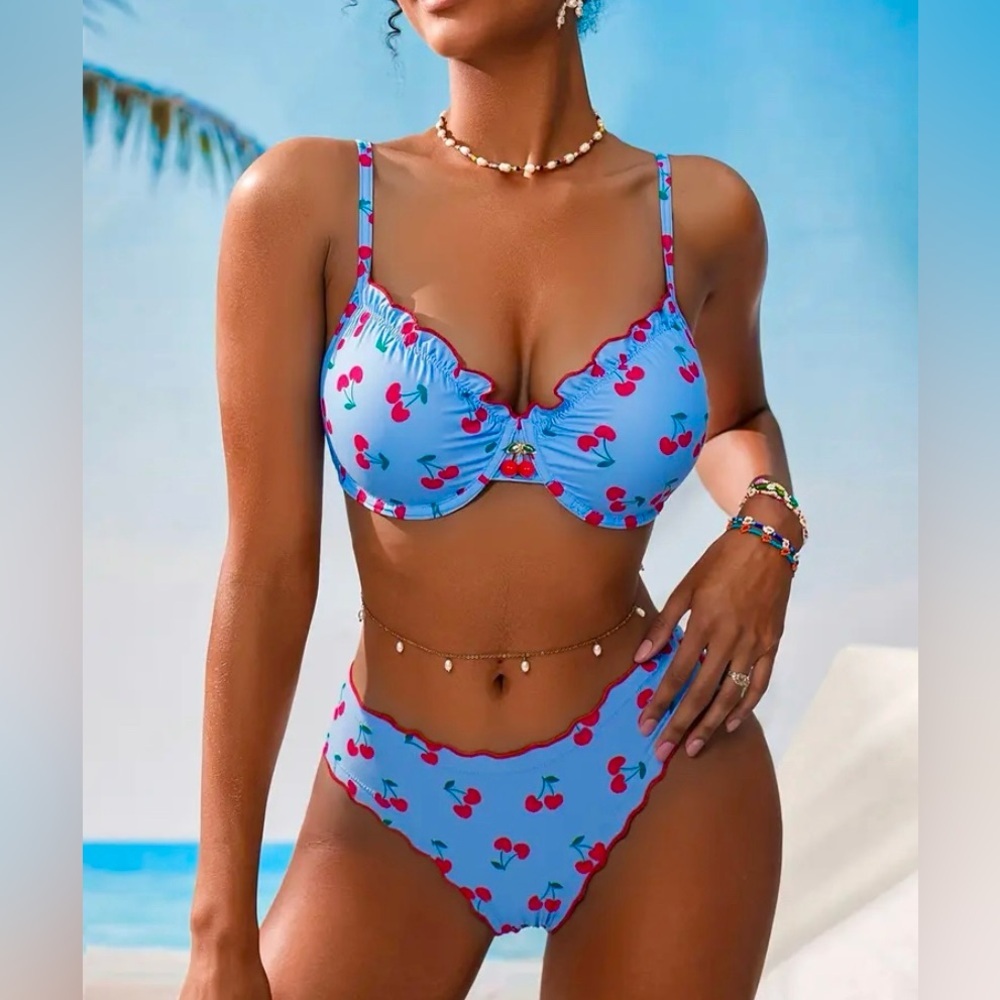 🎀🍒 Vibrant Blue & Red Cherry Bikini 2 Piece Swimsuit Set 🍒🎀 NWT Size M
